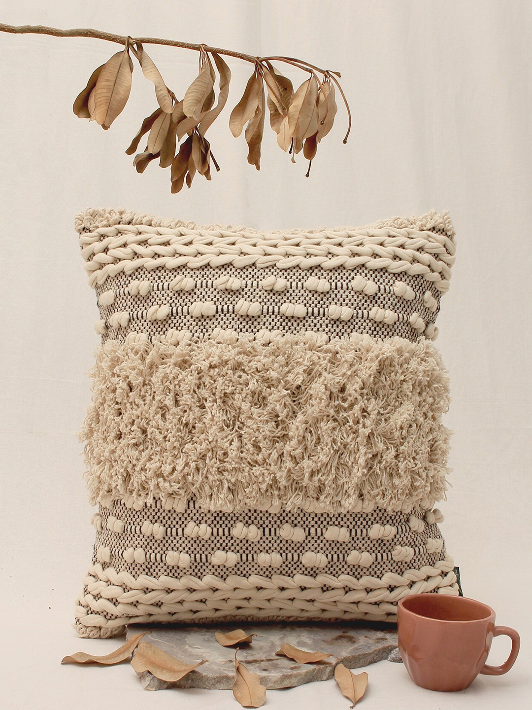 

THE little BIG STORE Beige & Black Self Design Textured Cotton Square Cushion Cover