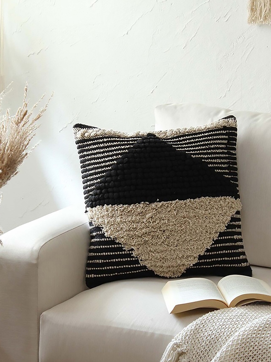 

THE little BIG STORE Beige & Black Self Design Textured Cotton Square Cushion Cover