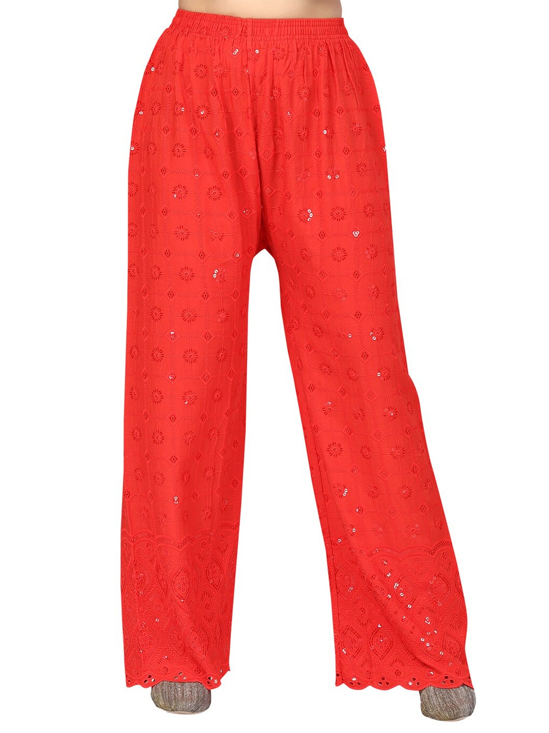 

Aarika Women Floral Embroidered Chambray Palazzos, Red