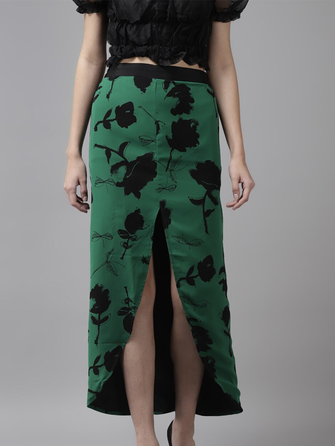 

Aarika Women Floral Printed Tulip Chambray Skirt, Green