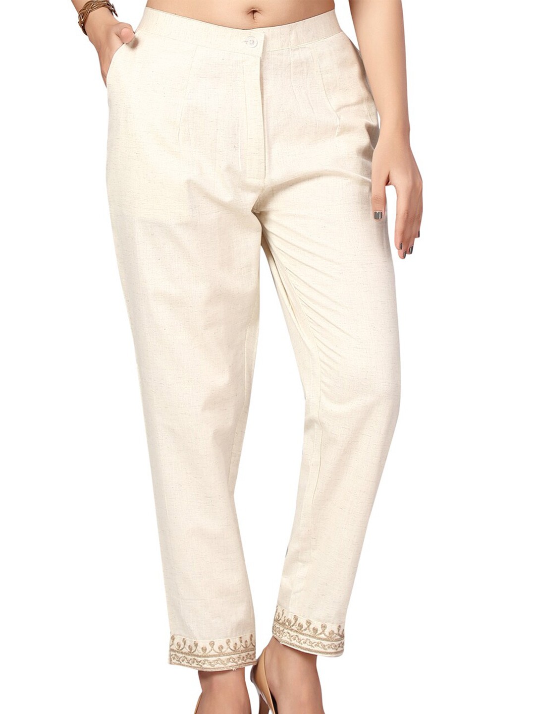 

Aarika Women Ethnic Motifs Embroidered Slim Fit Trousers, Cream