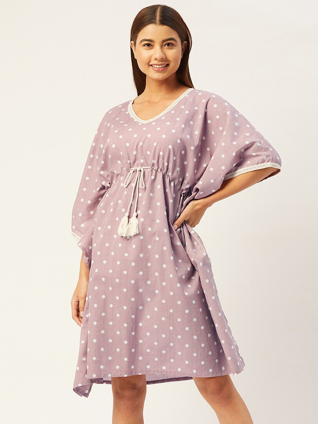 

Ikk Kudi by Seerat Printed Pure Cotton Kaftan Nightdress, Mauve