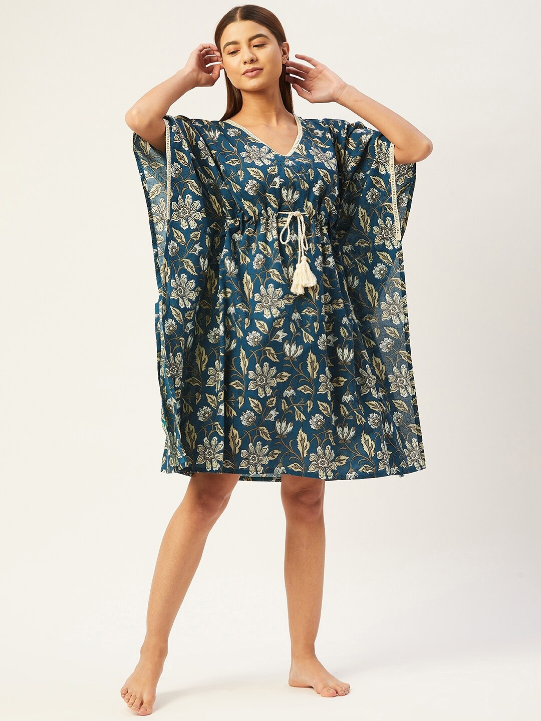 

Ikk Kudi by Seerat Printed Pure Cotton Kaftan Nightdress, Teal