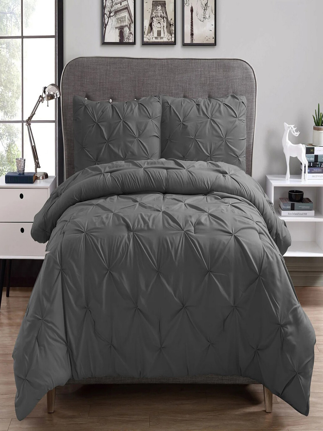 

THE WHITE MOSS Charcoal Microfiber Pinch Pleat Double Bed Comforter With 2 Pillow Covers