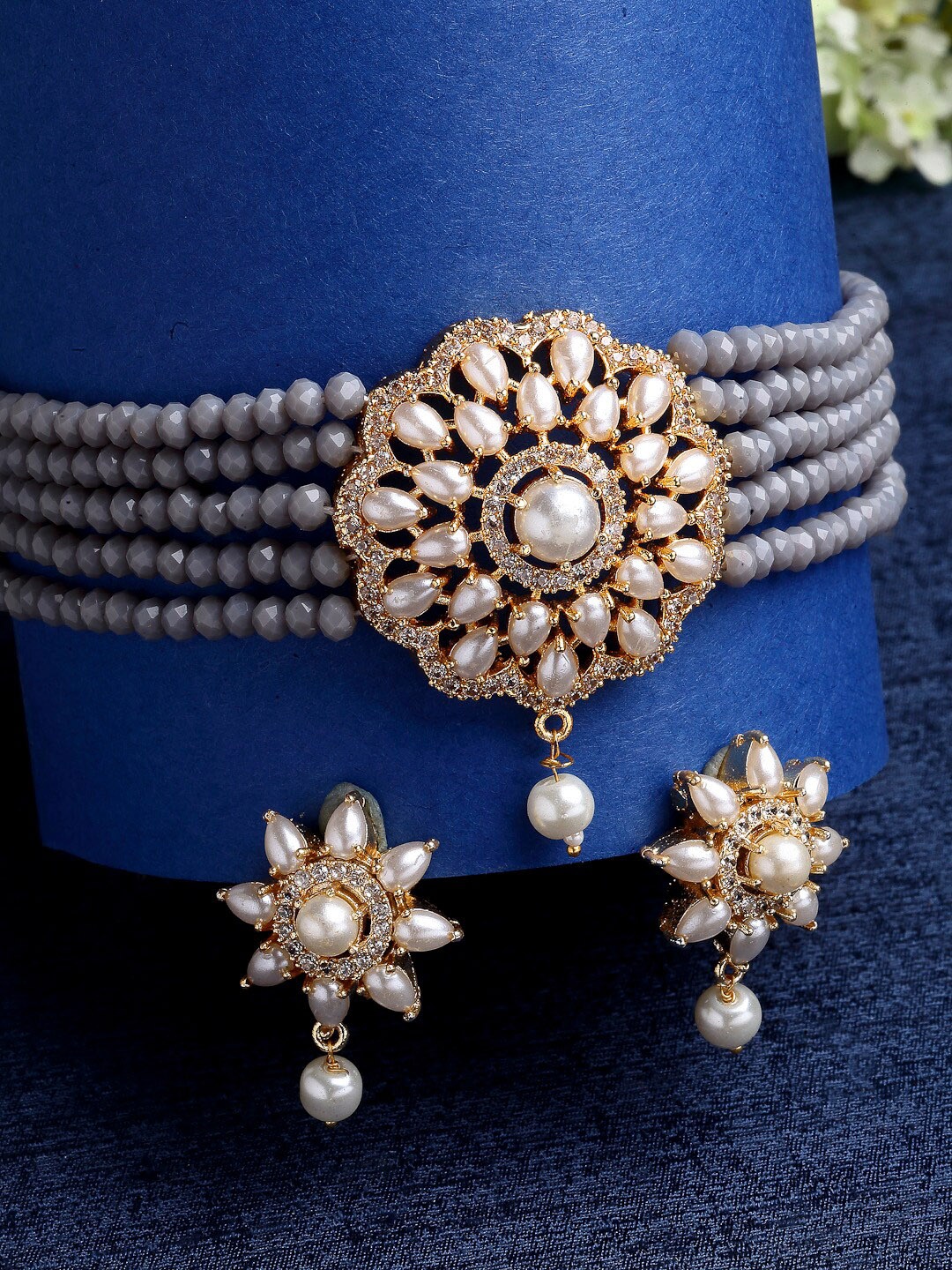 

ZENEME Gold-Plated Kundan & AD Studded & Beaded Floral Jewellery Set