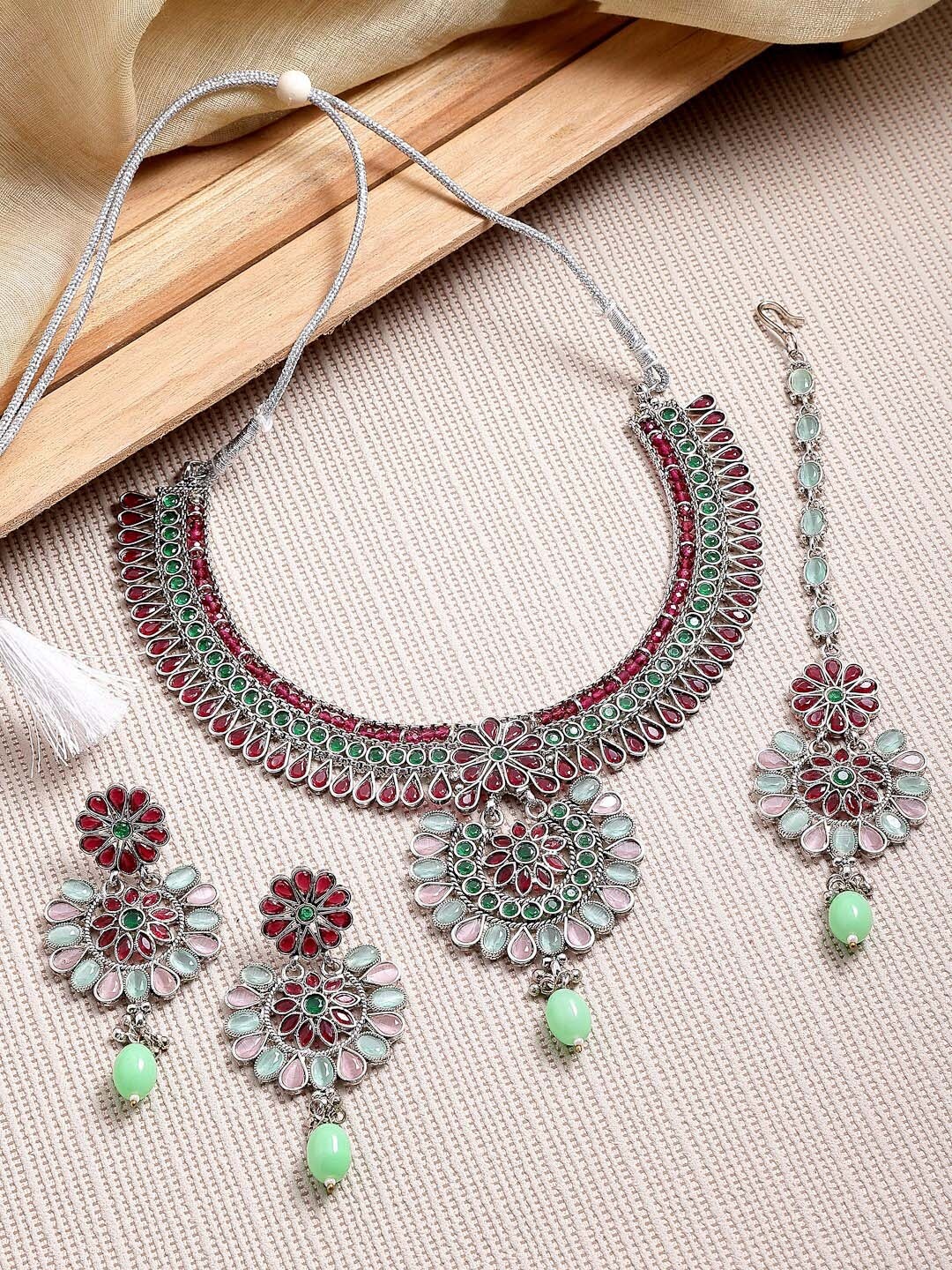 

ZENEME Oxidised Silver-Plated AD-Studded & Beaded Jewellery Set