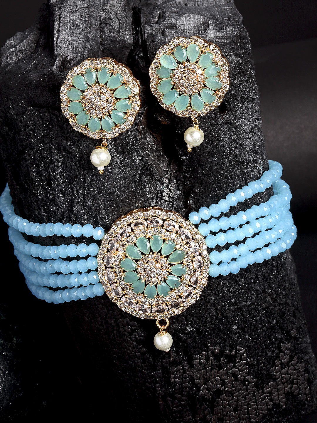 

ZENEME Gold-Plated AD-Studded & Beads-Beaded Antique Jewellery Set