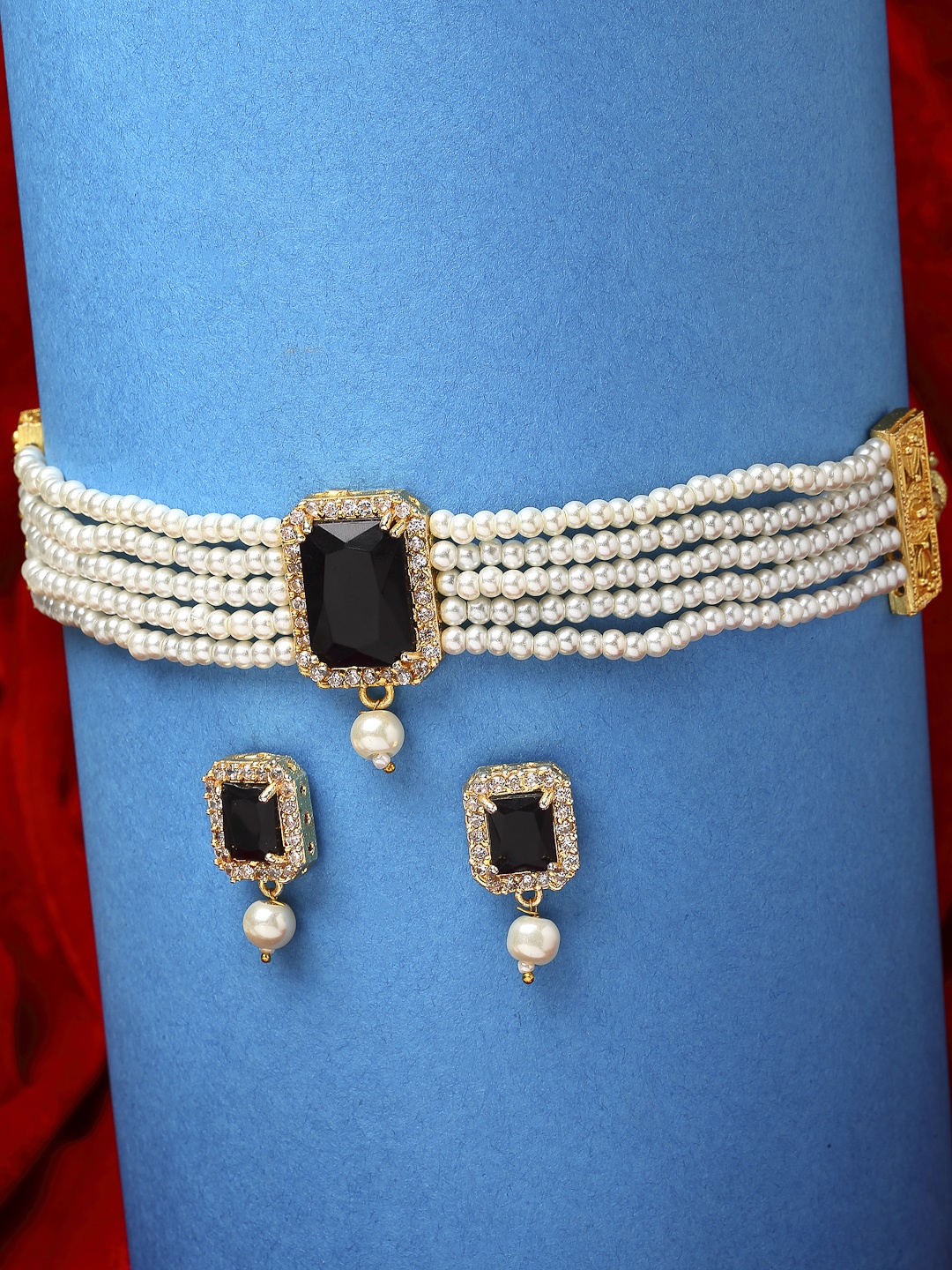 

ZENEME Gold-Plated CZ-Studded & Beaded Jewellery Set