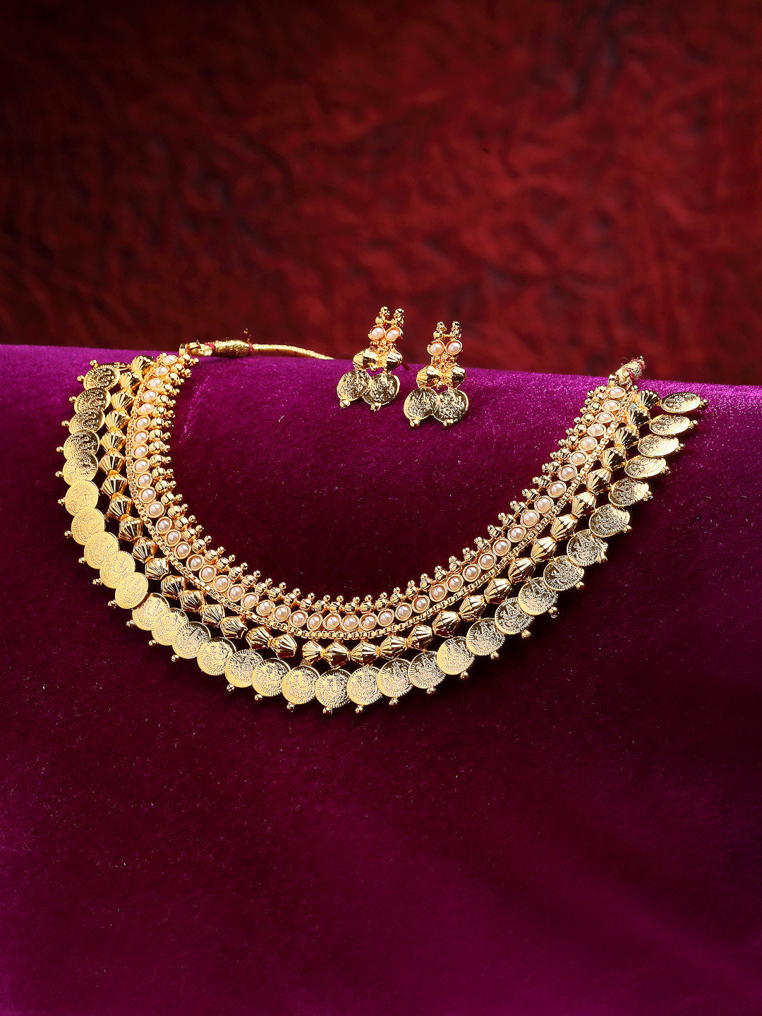 ZENEME Gold-Plated Stone-Studded & Beads-Beaded Temple Jewellery Set