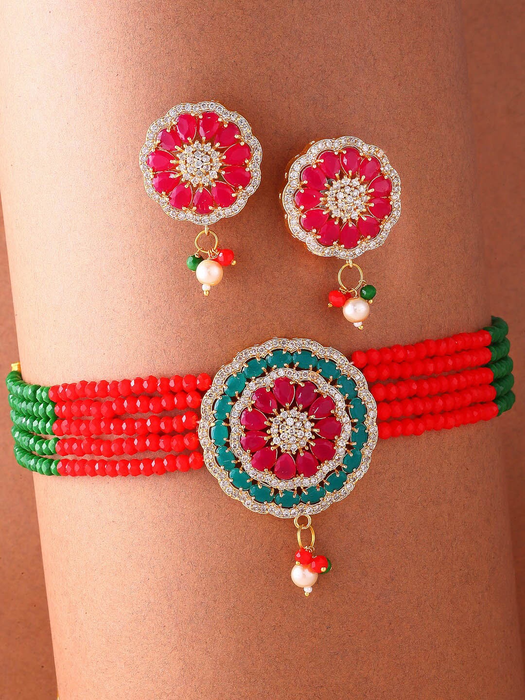 

ZENEME Gold-Plated AD-Studded Beaded Choker Jewellery Set