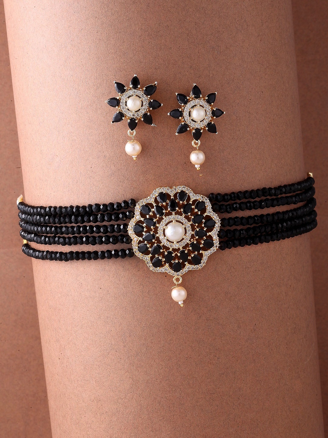 

ZENEME Gold-Plated AD-Studded Beaded Jewellery Set, Black