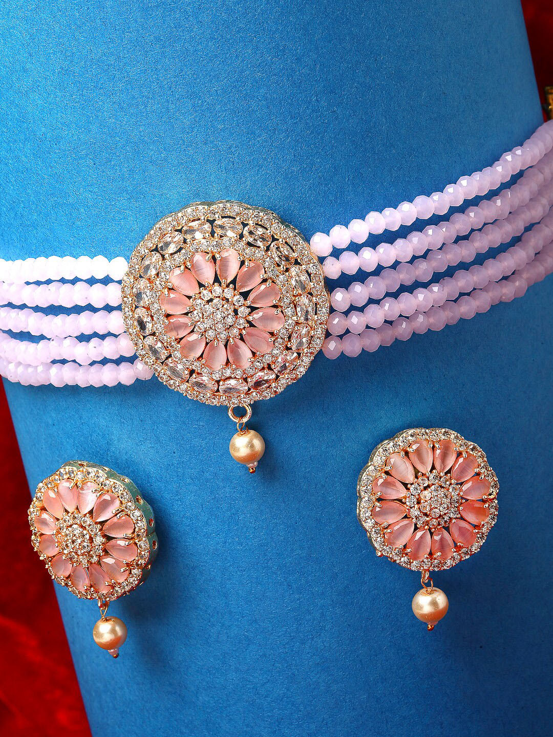 

ZENEME Gold-Plated AD-Studded Beaded Jewellery Set, Pink