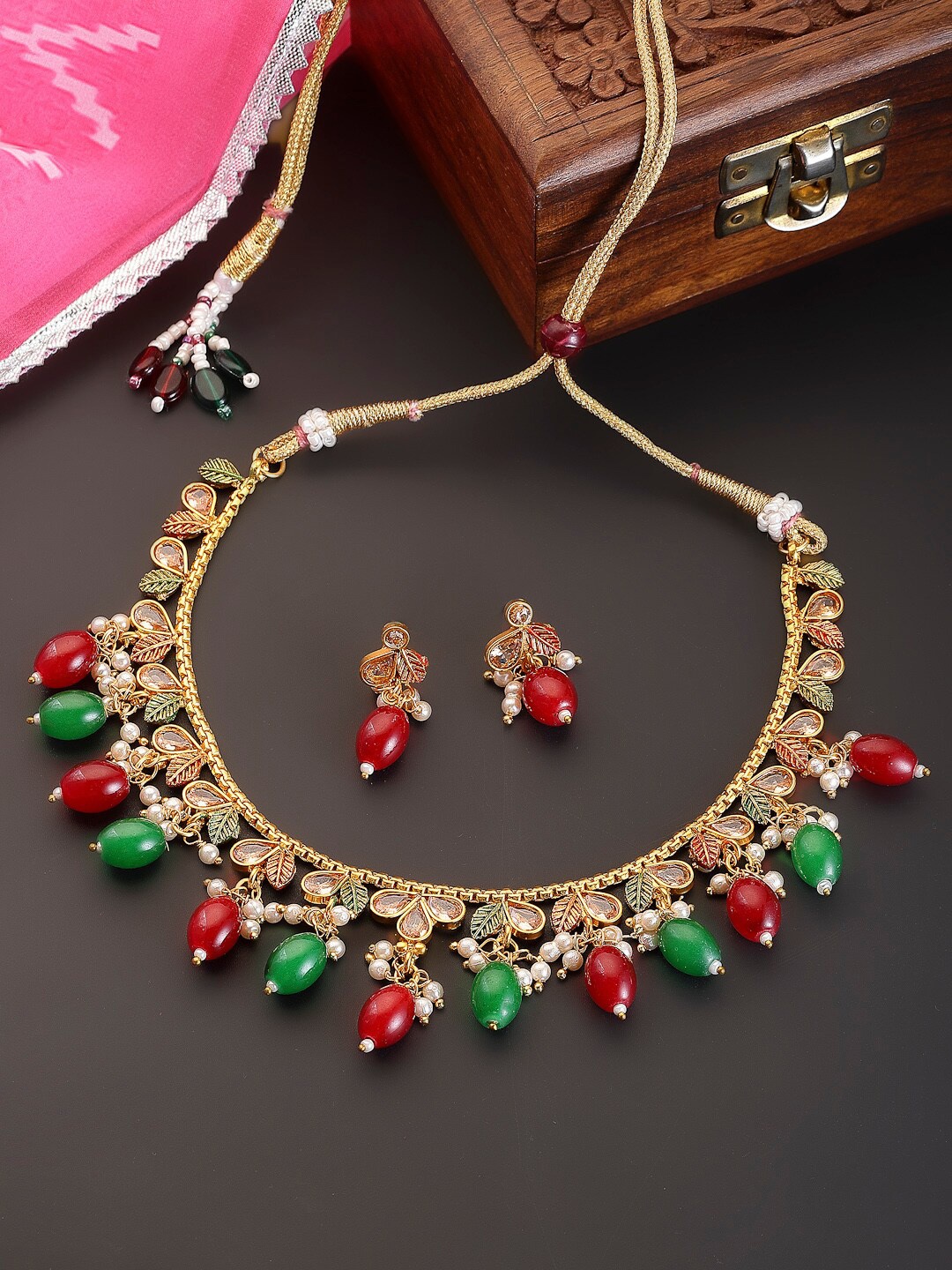 

ZENEME Gold-Plated Kundan-Studded Beaded Jewellery Set
