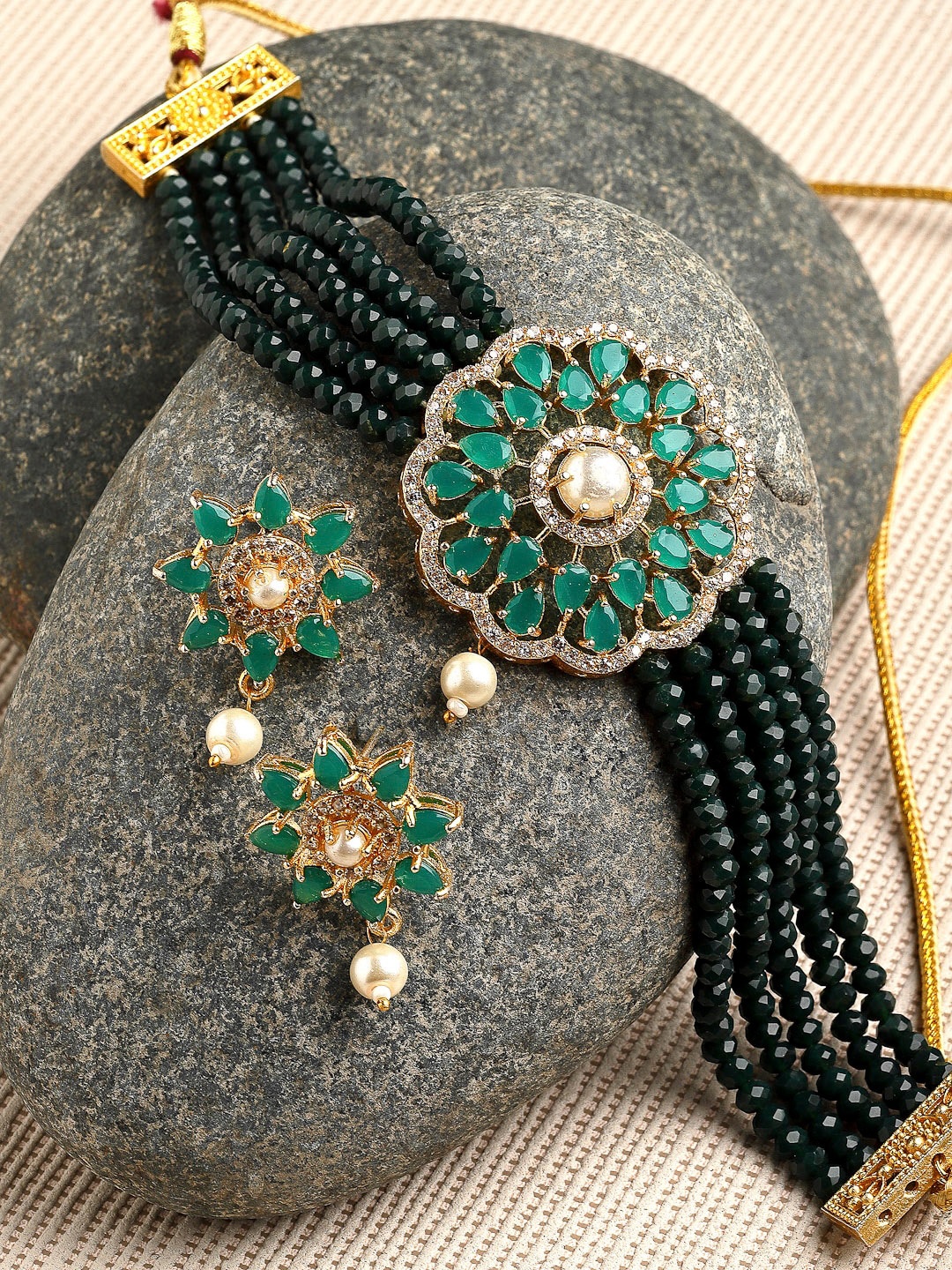 

ZENEME Gold-Plated Kundan & AD Studded & Beaded Floral Jewellery Set, Green