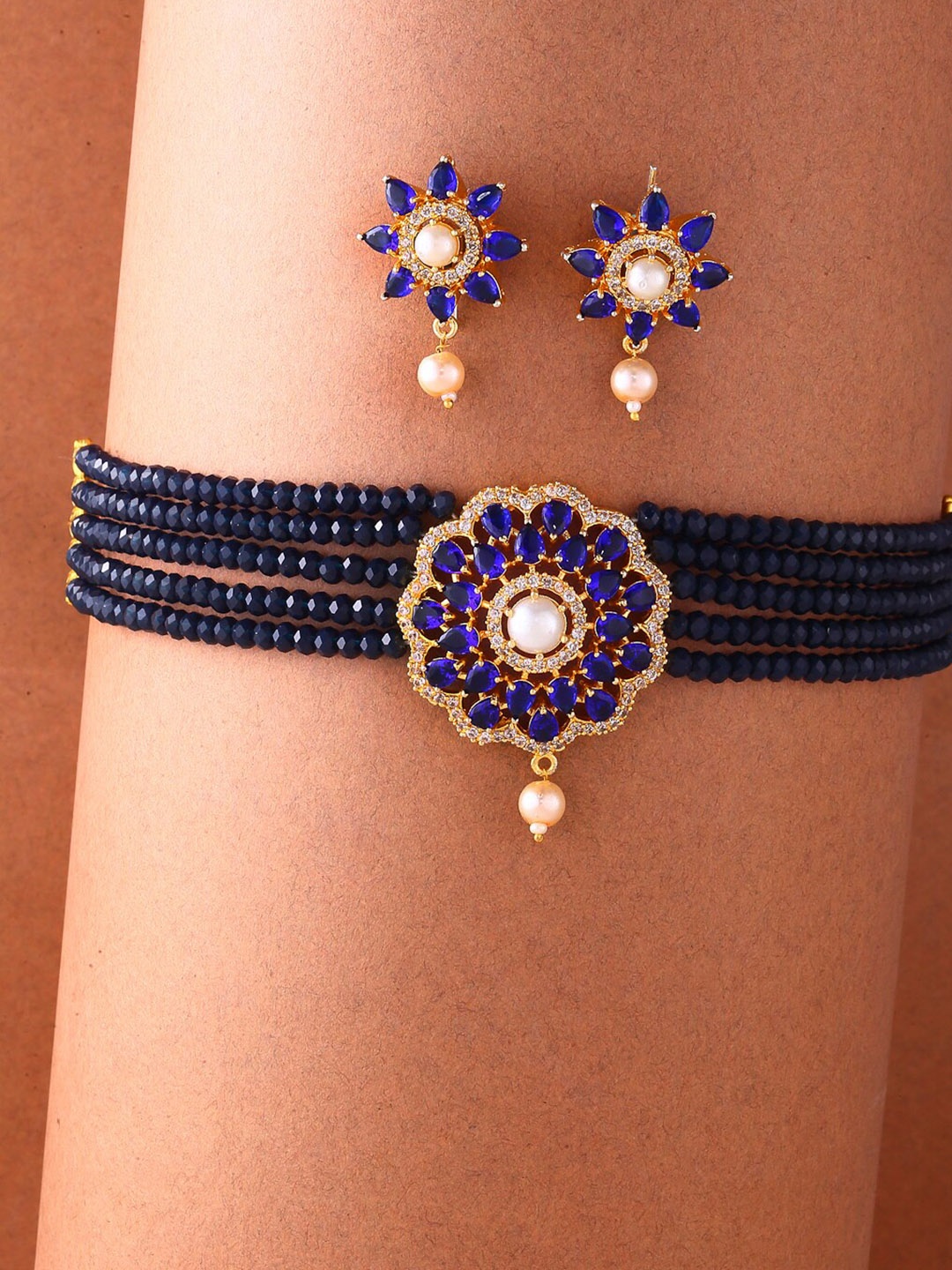 

ZENEME Gold-Plated AD Studded & Beaded Floral Jewellery Set