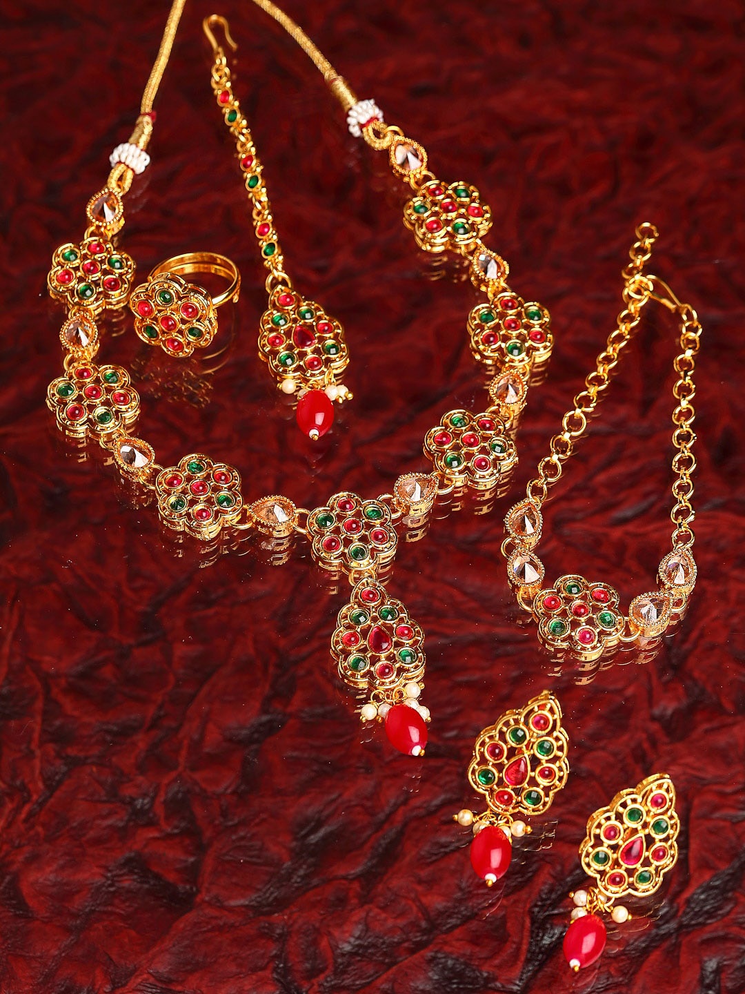 

ZENEME Gold-Plated Kundan-Studded Floral Jewellery Set