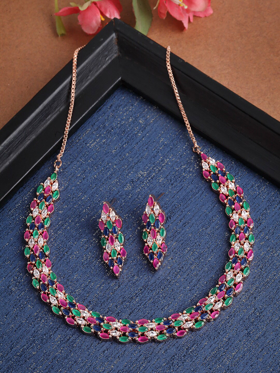

ZENEME Rose-Gold Plated AD-Studded Jewellery Set, White