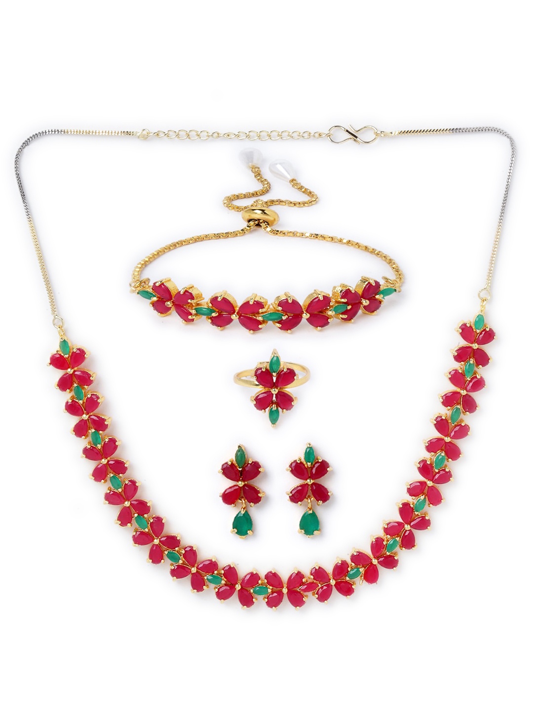 

ZENEME 18K Gold-Plated American Diamond-Studded Floral Shaped Jewellery Set