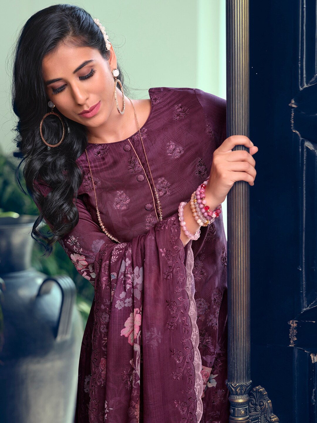 

Stylee LIFESTYLE Embroidered Pure Silk Unstitched Dress Material, Purple