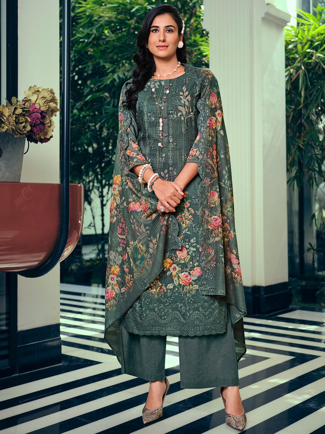 

Stylee LIFESTYLE Embroidered Pure Silk Unstitched Dress Material, Grey