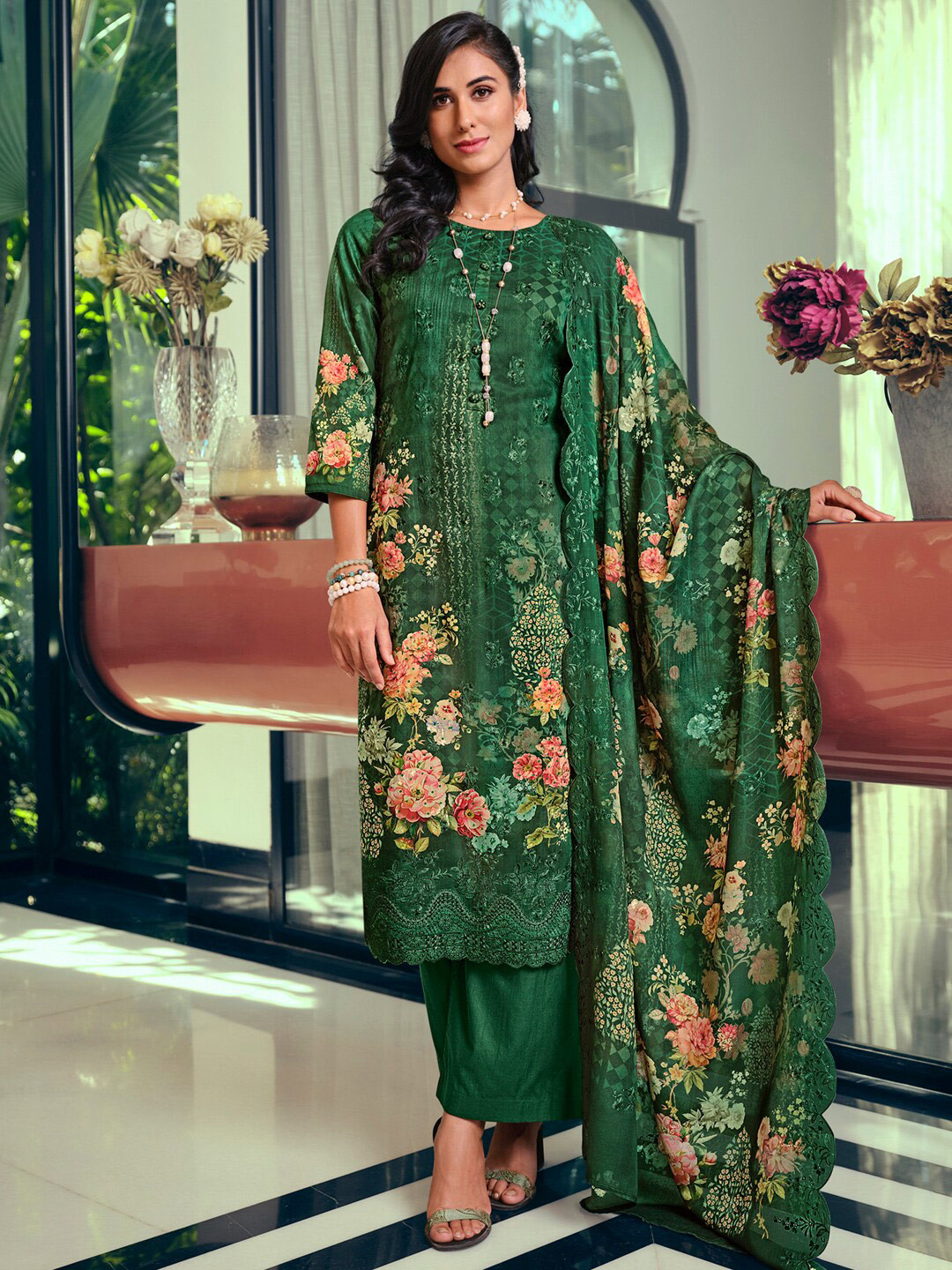 

Stylee LIFESTYLE Embroidered Pure Silk Unstitched Dress Material, Green