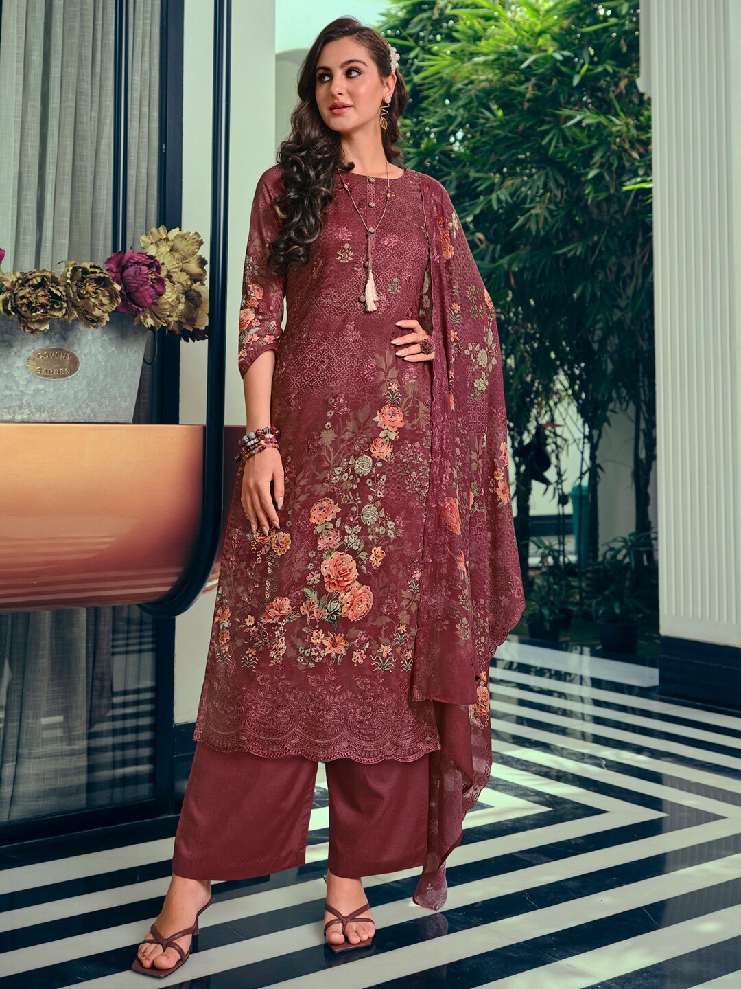 

Stylee LIFESTYLE Embroidered Pure Silk Unstitched Dress Material, Maroon