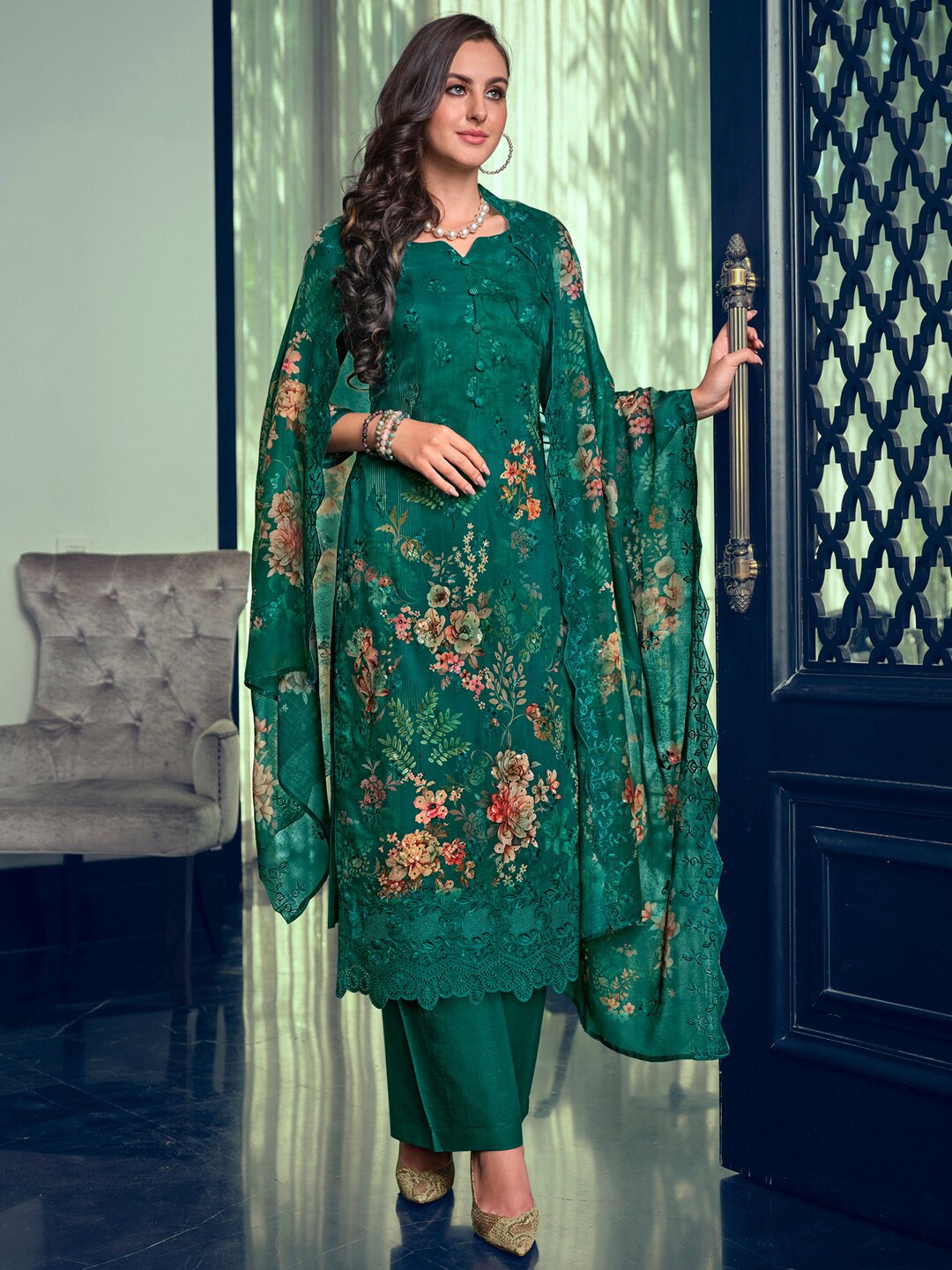 

Stylee LIFESTYLE Embroidered Pure Silk Unstitched Dress Material, Green