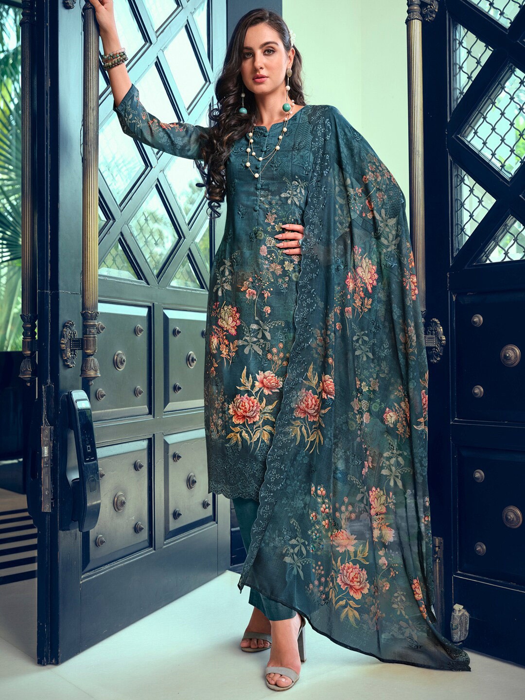 

Stylee LIFESTYLE Embroidered Pure Silk Unstitched Dress Material, Navy blue