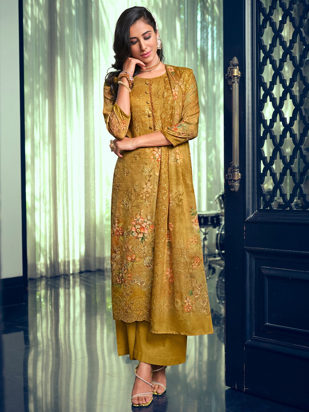 

Stylee LIFESTYLE Embroidered Pure Silk Unstitched Dress Material, Yellow