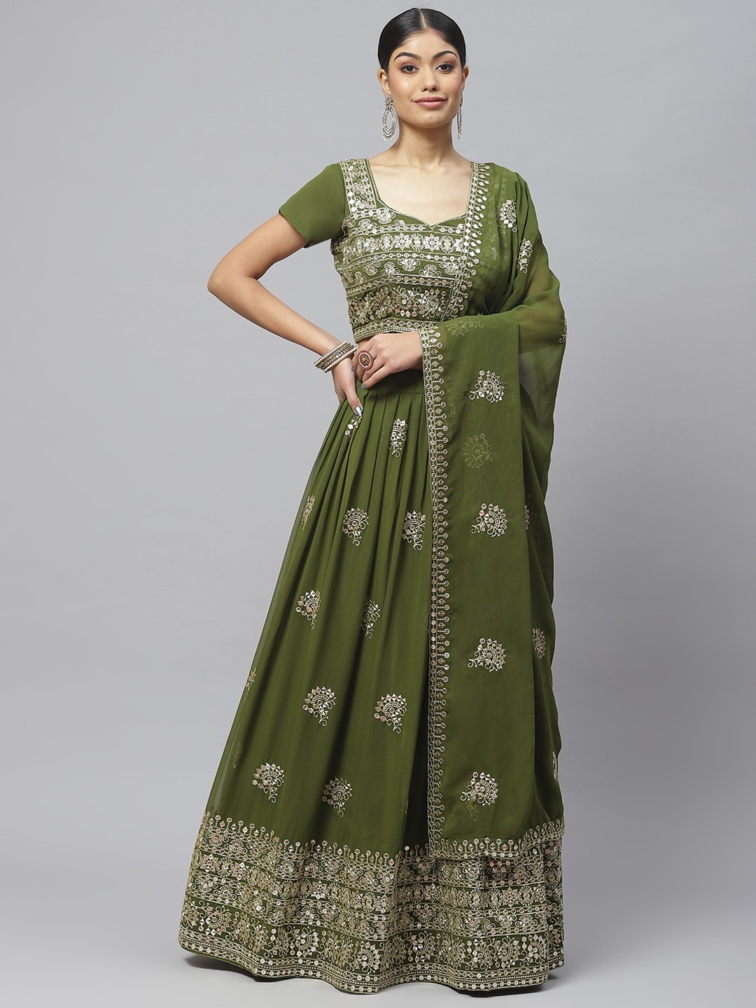 

Readiprint Fashions Embroidered Sequinned Lehenga & Blouse With Dupatta, Olive