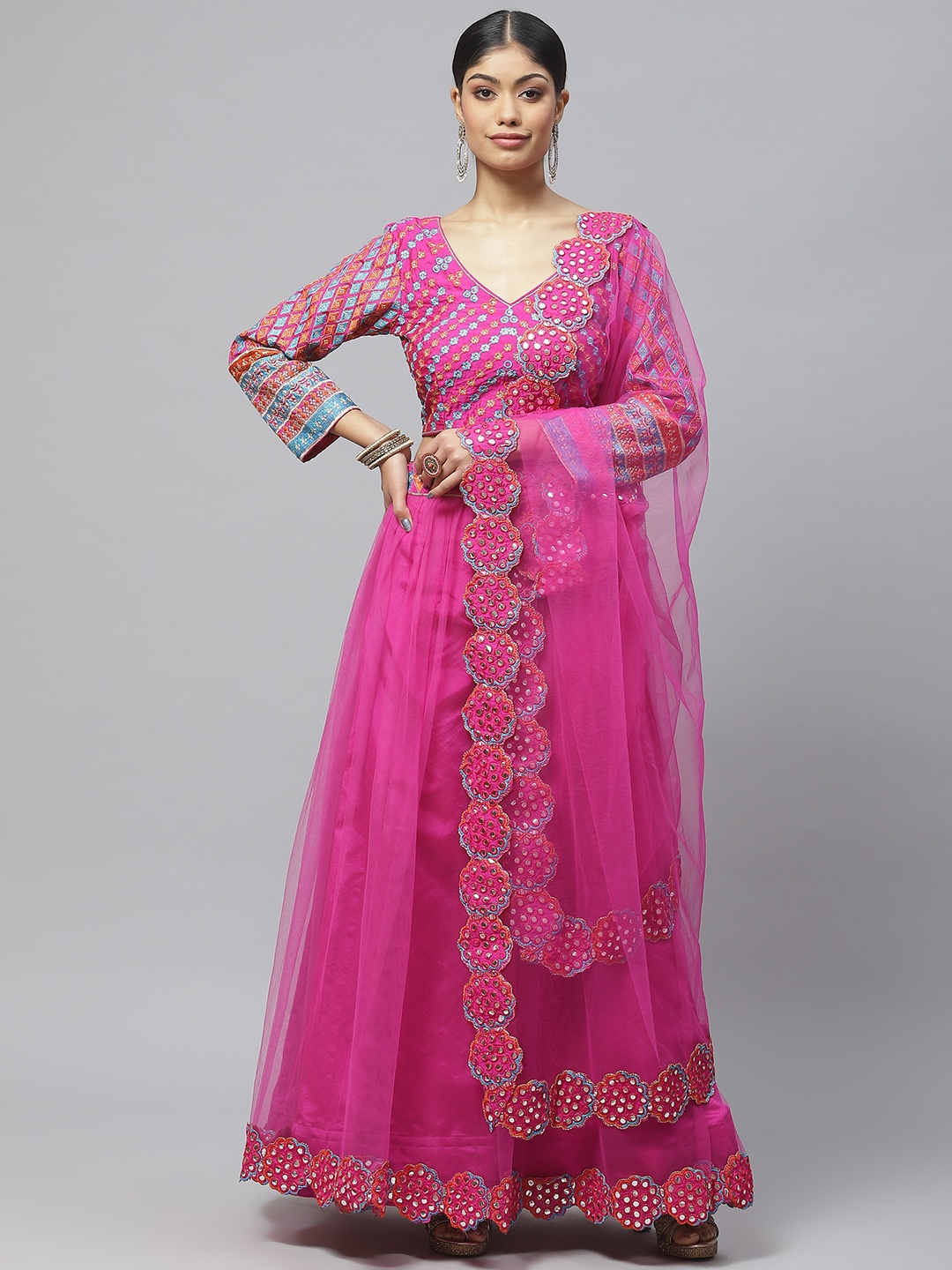 

Readiprint Fashions Embroidered Mirror Work Lehenga & Blouse With Dupatta, Magenta