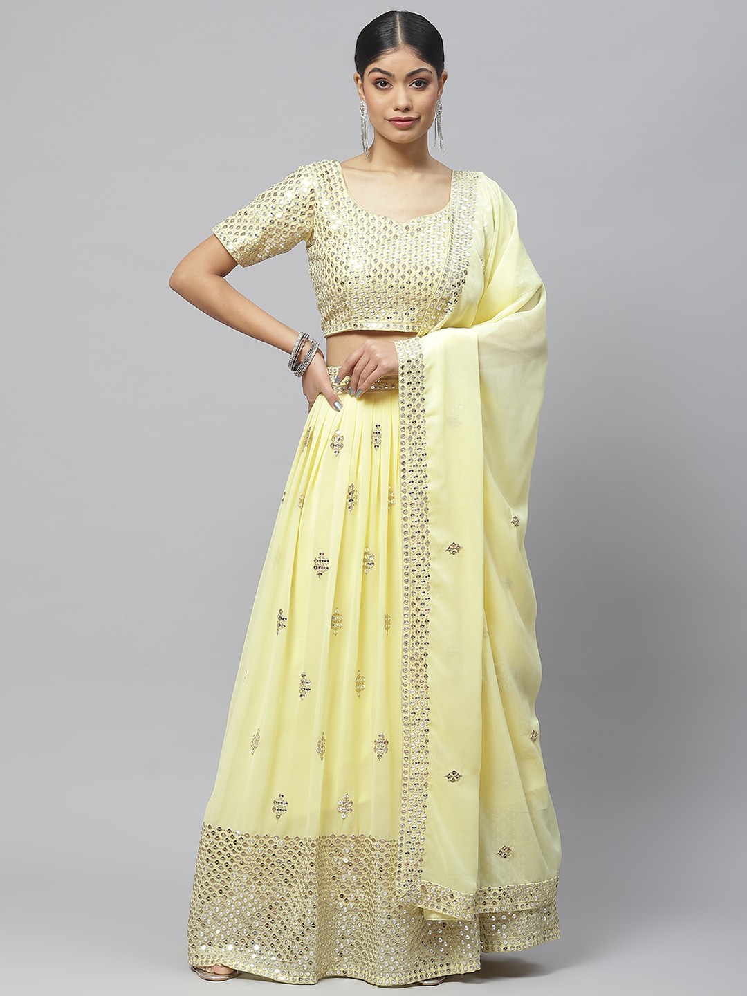 

Readiprint Fashions Embellished Thread Work Lehenga & Blouse With Dupatta, Yellow