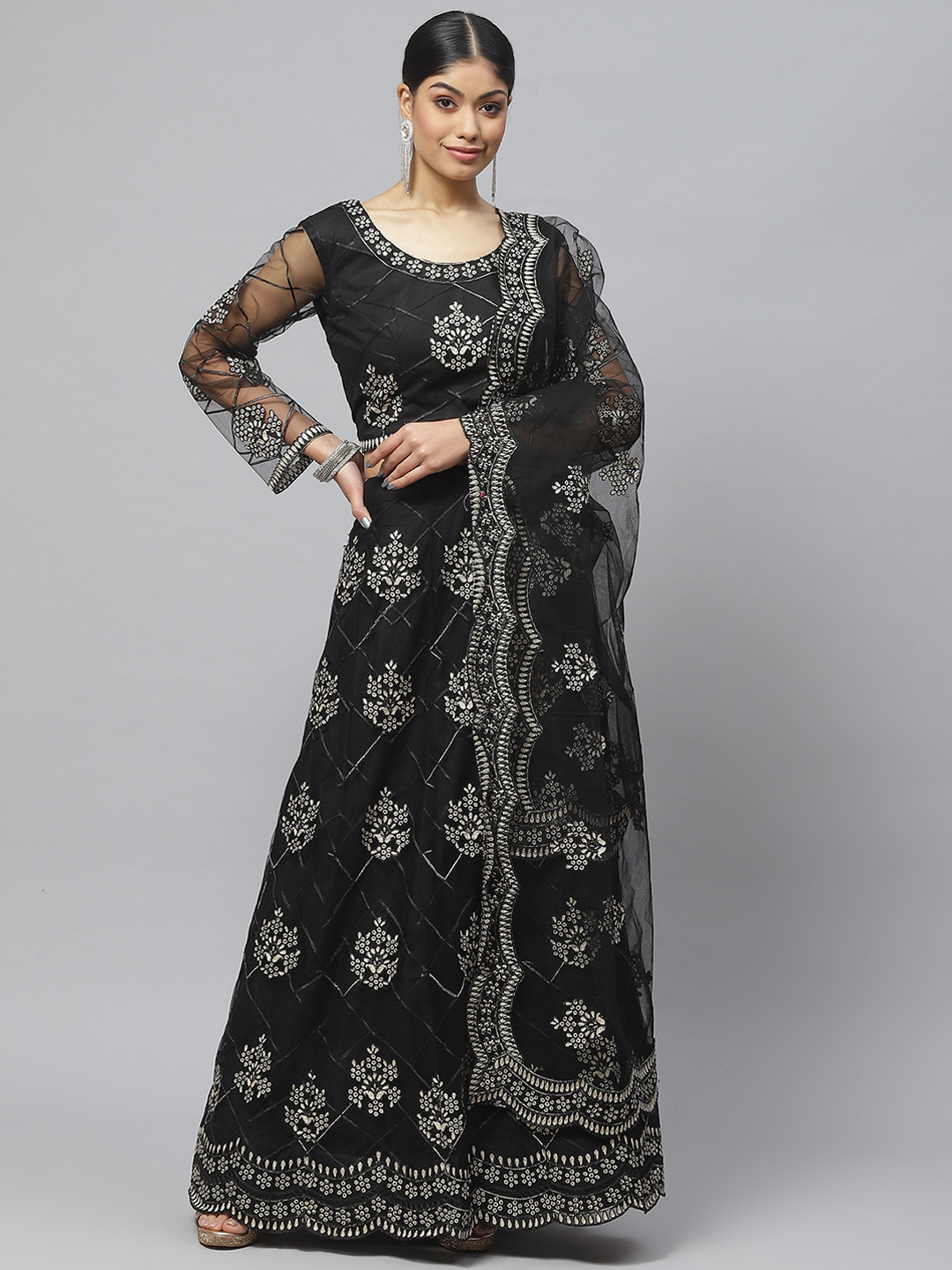 

Readiprint Fashions Embroidered Thread Work Lehenga & Blouse With Dupatta, Black