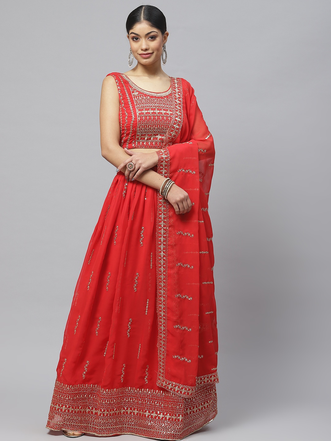 

Readiprint Fashions Embroidered Sequinned Lehenga & Blouse With Dupatta, Red