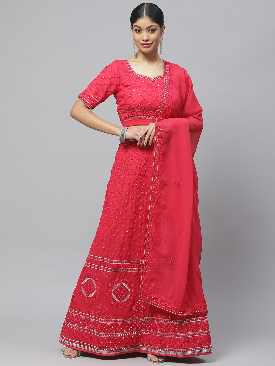 

Readiprint Fashions Embroidered Mirror Work Lehenga & Blouse With Dupatta, Pink