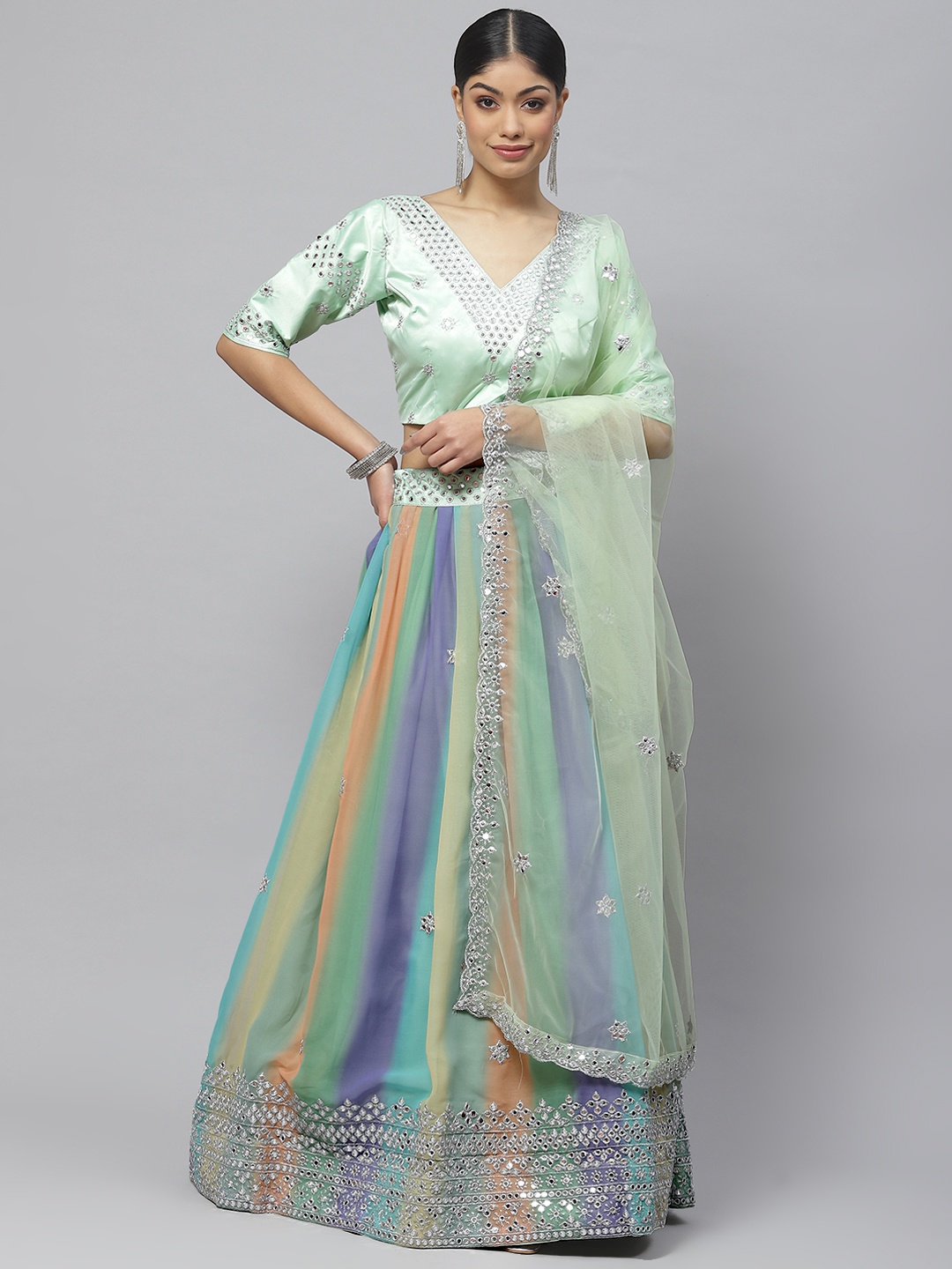 

Readiprint Fashions Embroidered Mirror Work Lehenga & Blouse With Dupatta, Multi