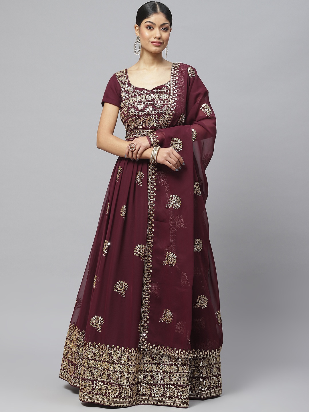

Readiprint Fashions Embroidered Sequinned Unstitched Lehenga & Blouse With Dupatta, Burgundy
