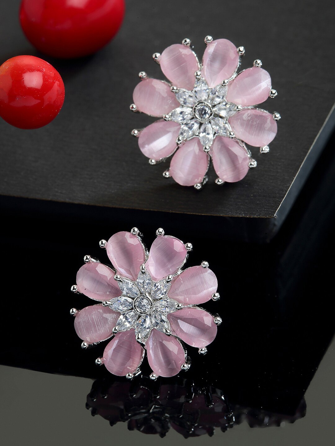 

ZENEME Rhodium Plated Floral Studs Earrings, Pink