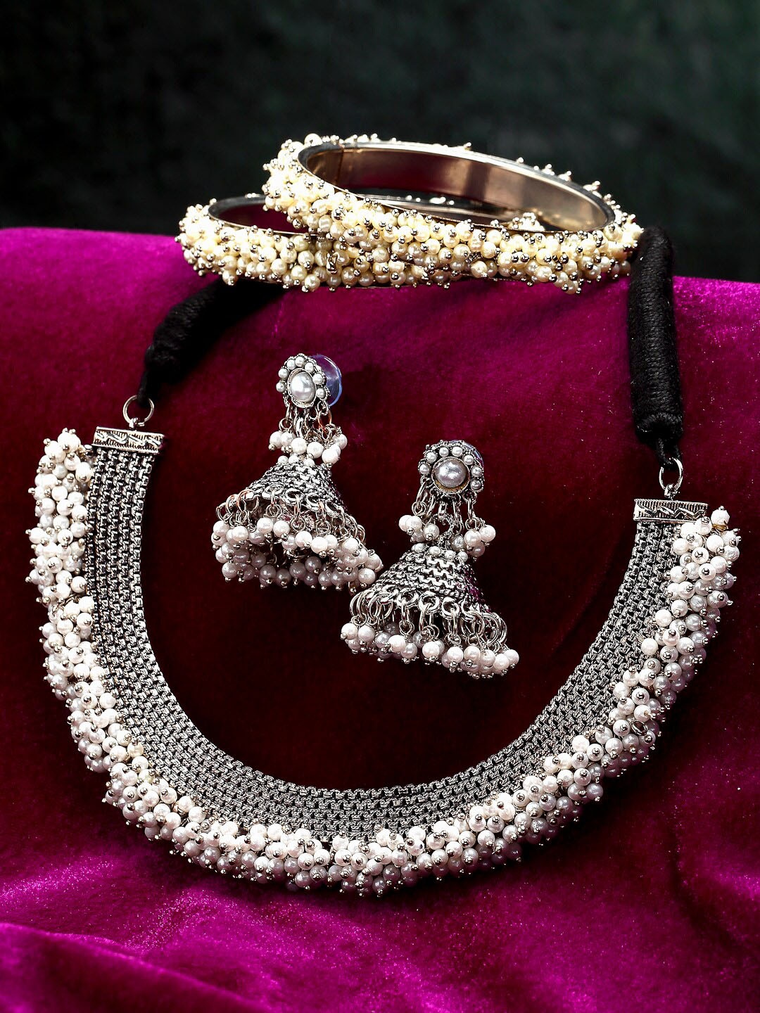 

ZENEME Oxidised Pearls Beaded Jewellery Set, Silver