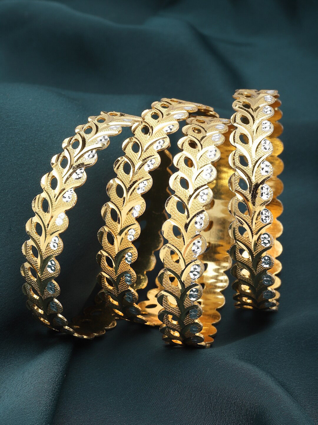 

ZENEME Set Of 4 Gold-Plated Dual Tone Leaf Textured Bangles, White