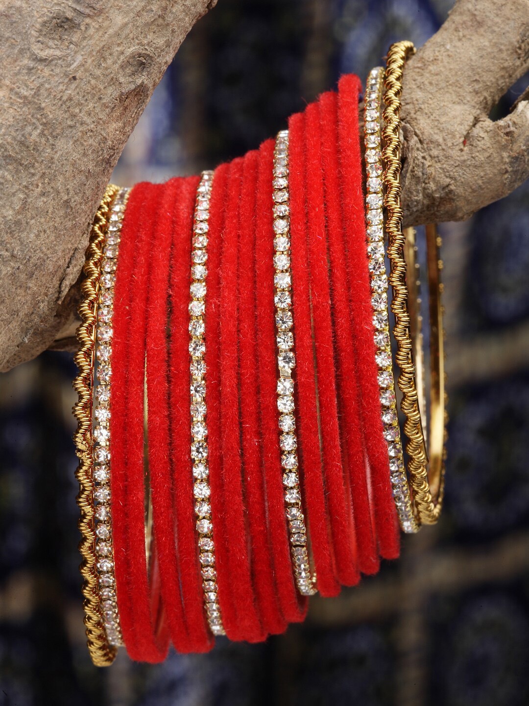 

ZENEME Set Of 16 Gold-Plated CZ-Studded Bangle Set, Red