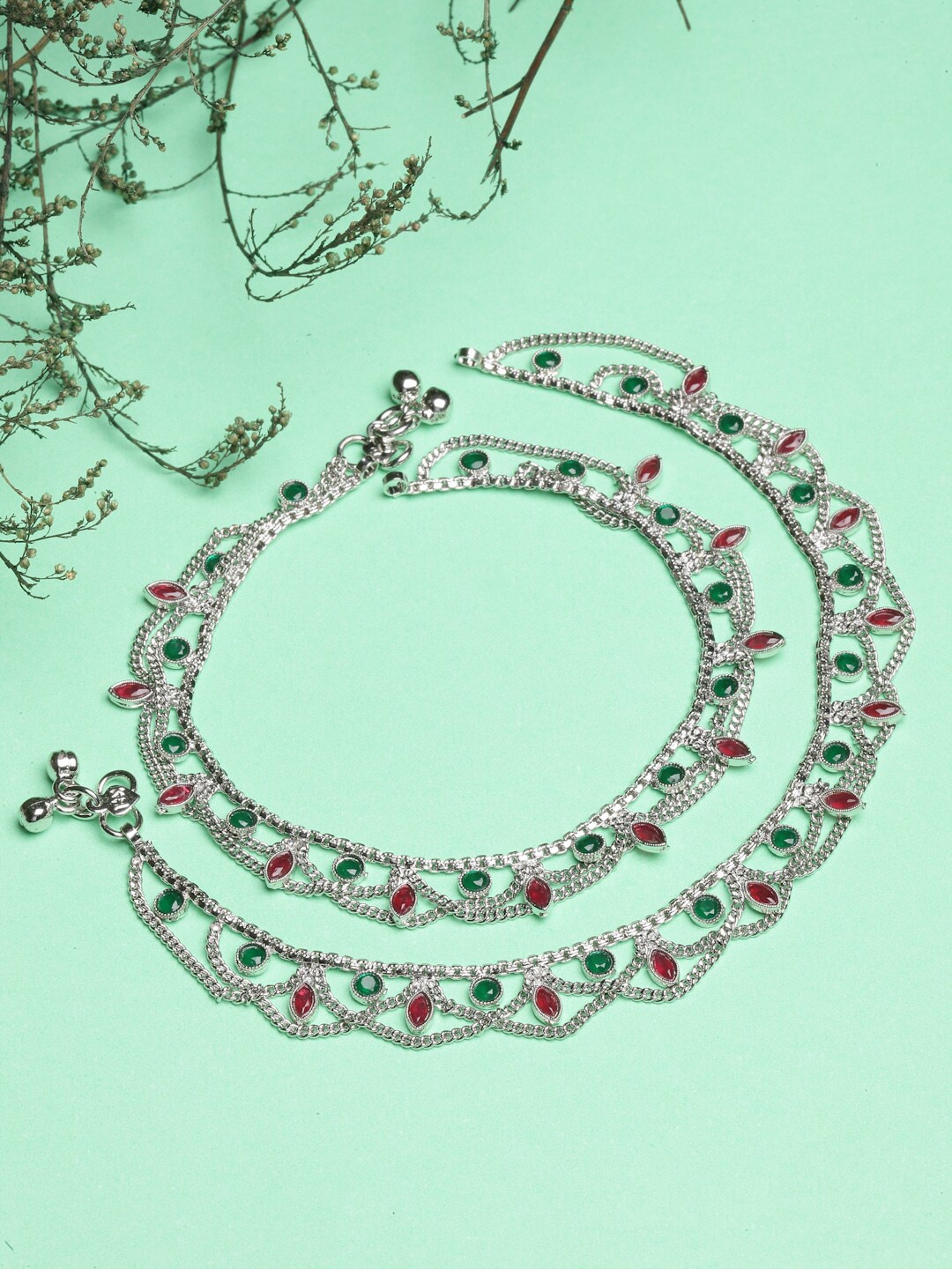 

ZENEME Set Of 2 Silver-Plated Oxidised Stoned Studded & Beaded Anklets