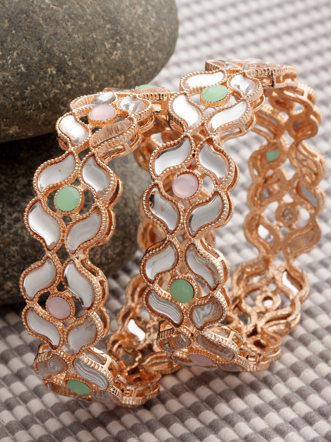 

ZENEME Set of 2 Rose Gold-Plated Stones-Studded Bangle