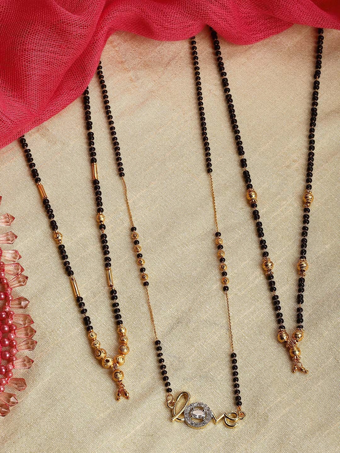 

ZENEME Set Of 3 Gold-Plated AD-Studded & Beaded Mangalsutra
