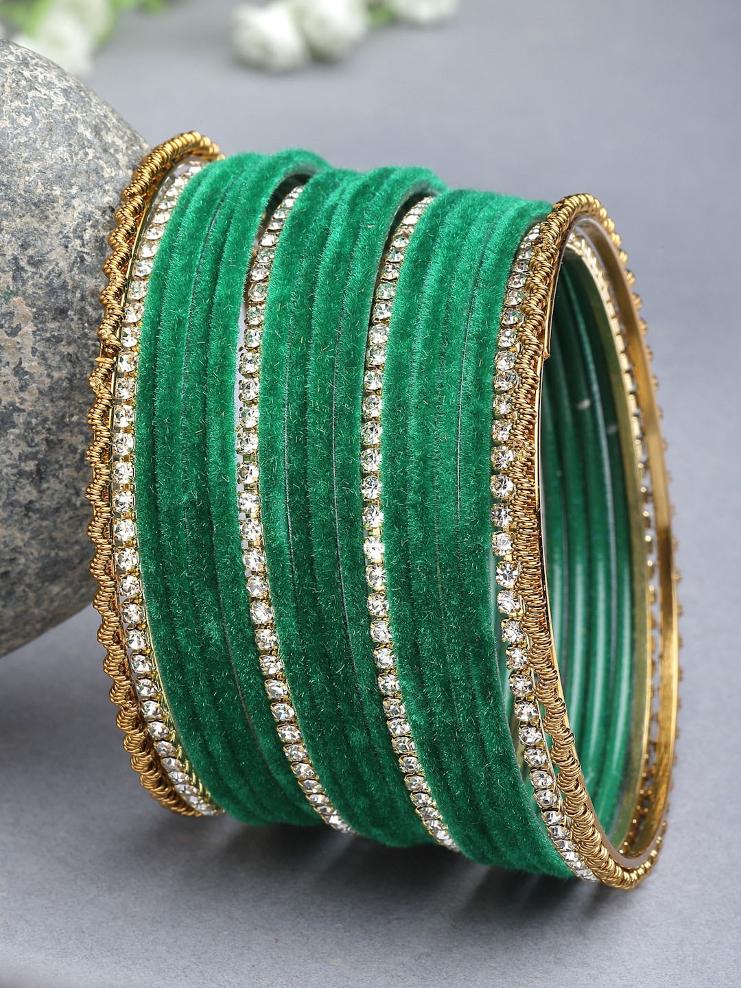 

ZENEME Set Of 18 Gold-Plated CZ Studded Bangles, Green