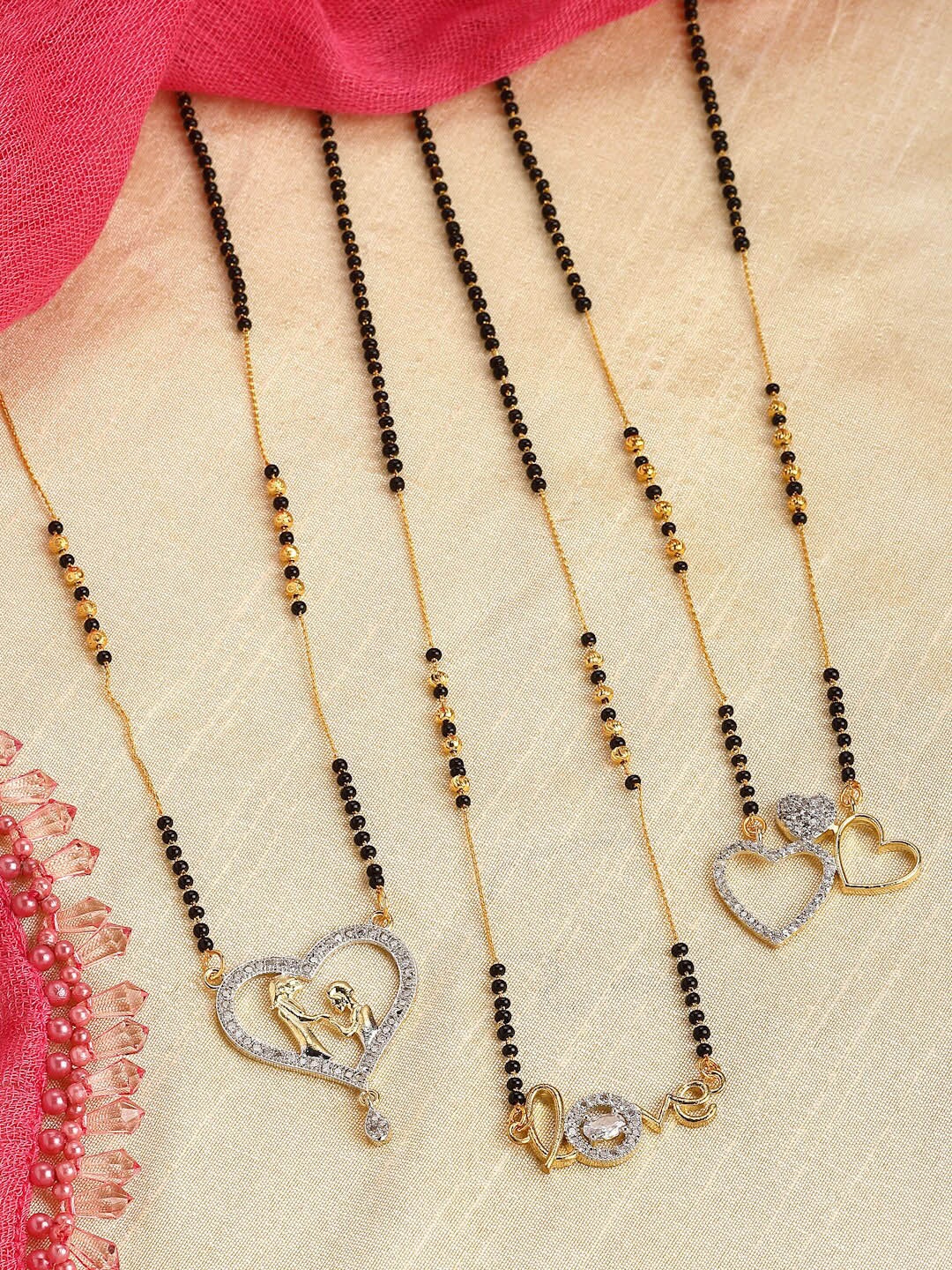 

ZENEME Set Of 3 Gold-Plated AD Stone-Studded & Beaded Mangalsutra, White