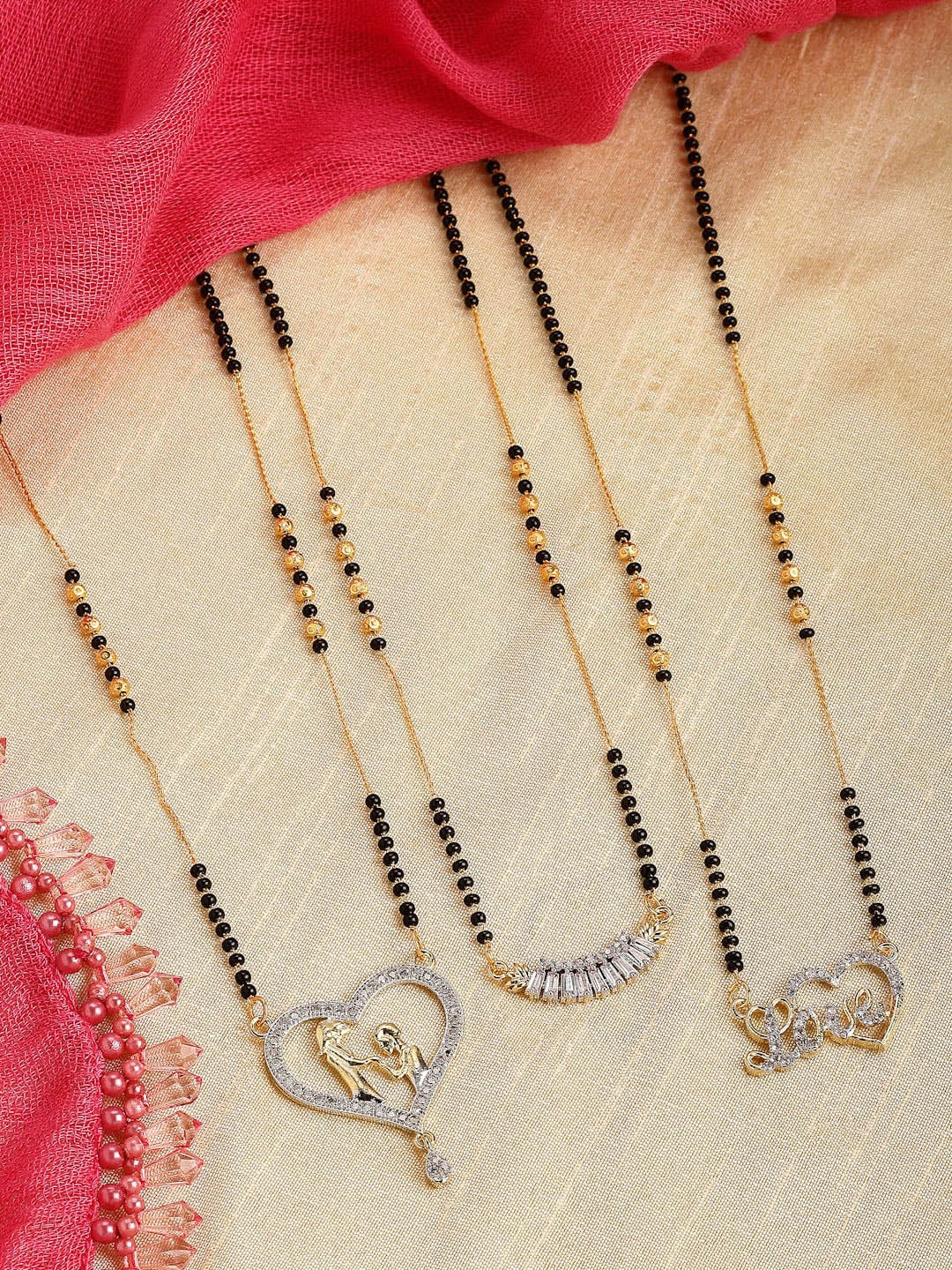 

ZENEME Set Of 3 Gold-Plated & Black Beaded Mangalsutra, White