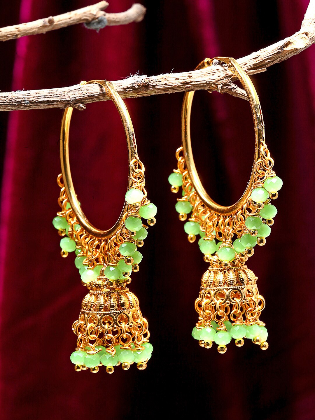 

ZENEME Gold-Plated Dome Shaped Jhumkas Earrings, Lime green