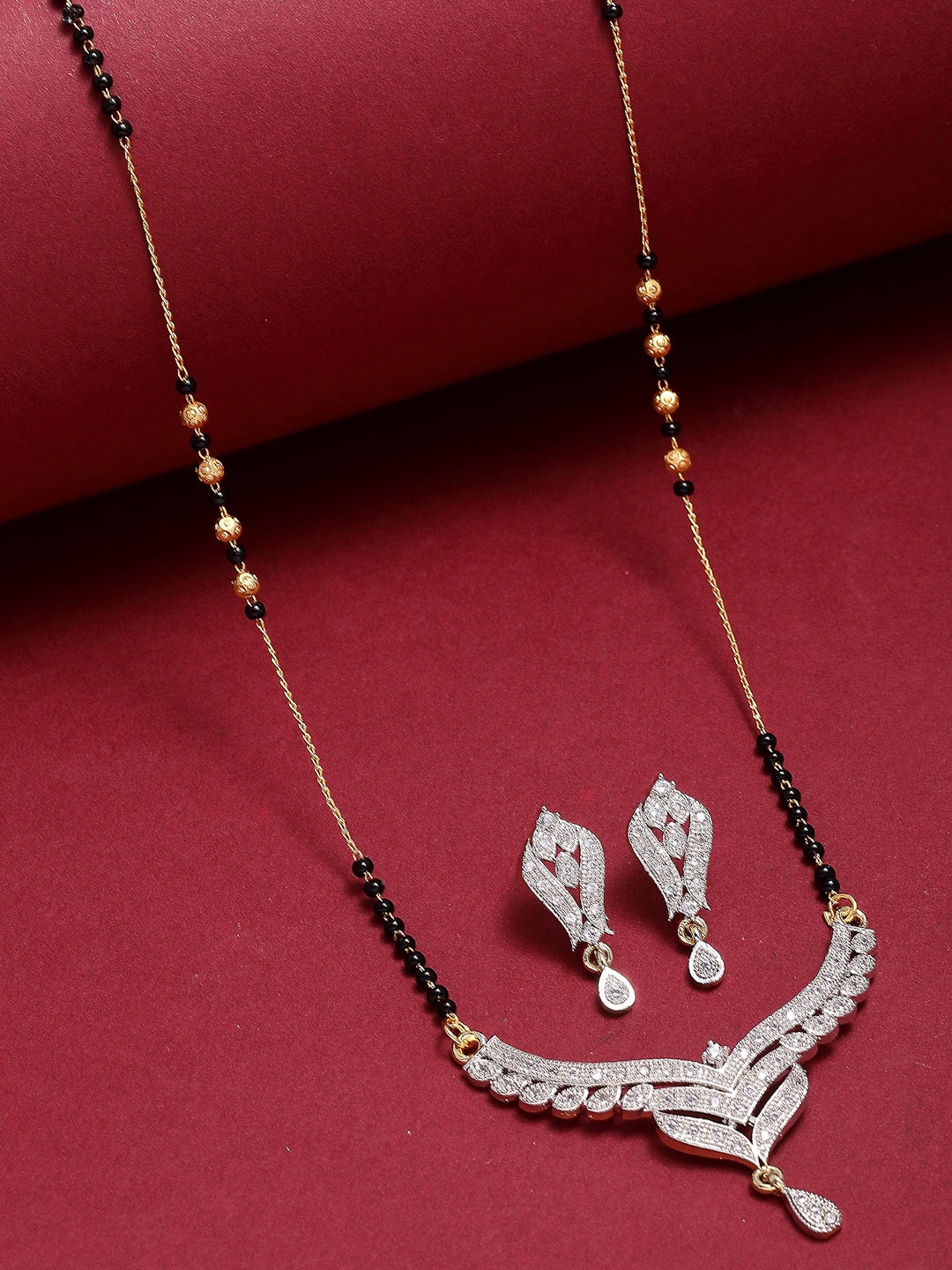 

ZENEME Gold-Plated AD Studded & Beaded Mangalsurtra Set, White