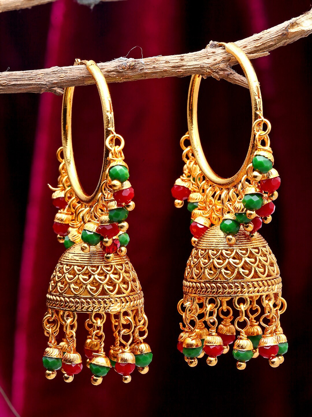 

ZENEME Gold-Plated Dome Shaped Jhumkas Earrings, Red